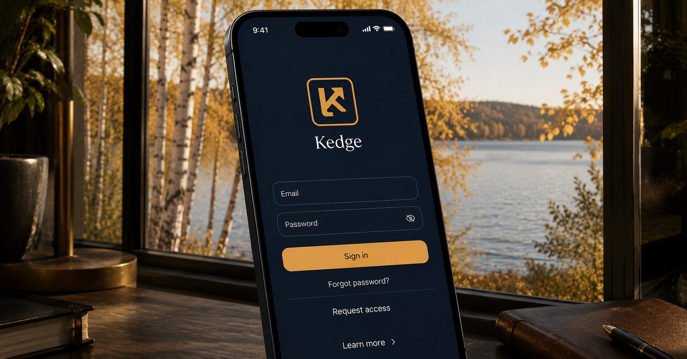 Mockup of the Kedge app sign-in screen on an iPhone, lakeside light behind it