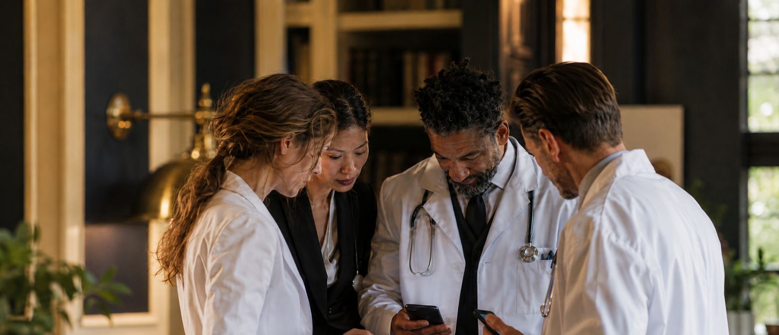 A practice team gathered around one phone, reading a Kedge verdict together