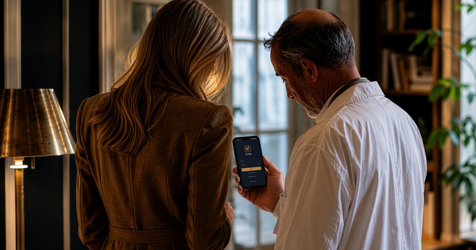A counselor and a physician reviewing the Kedge app together in a warm office (illustrative mockup)