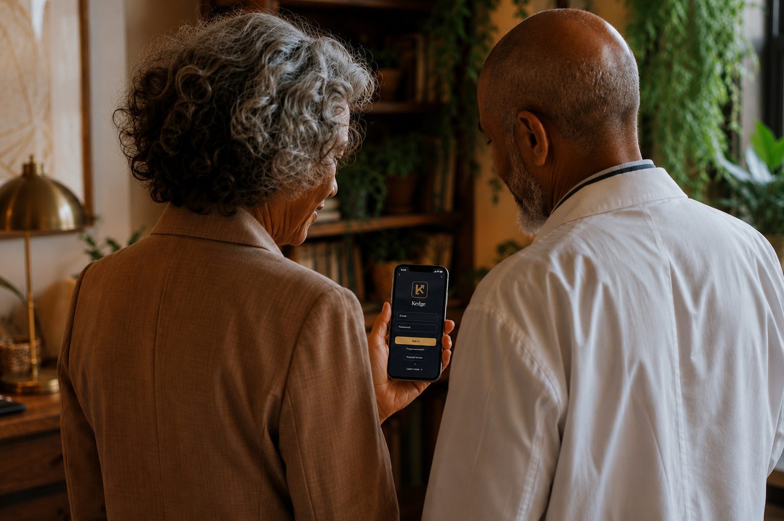 A counselor and a physician reviewing the Kedge app together in a plant-filled office (illustrative mockup)
