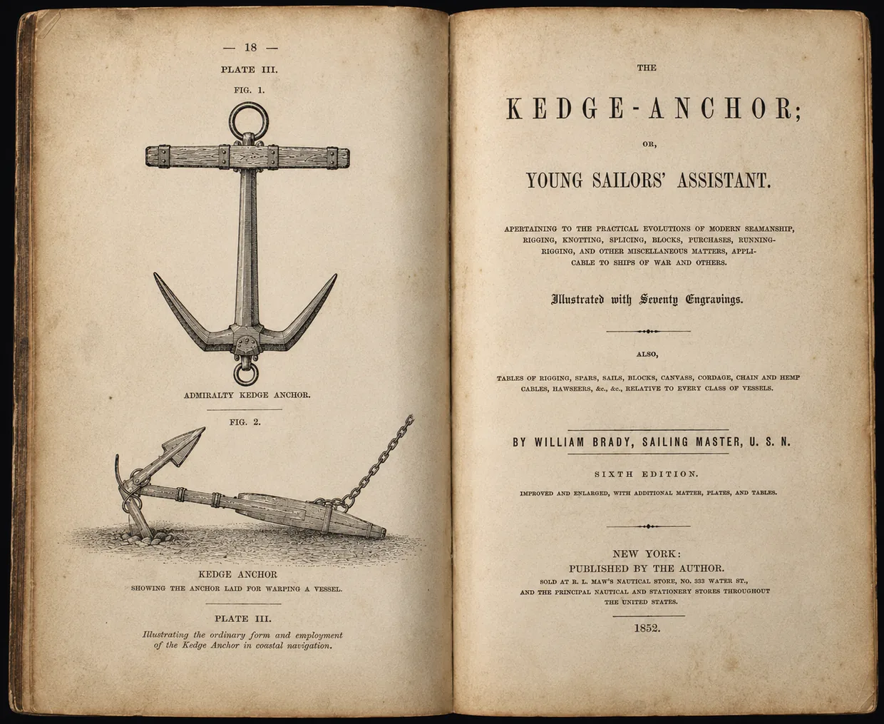 Commissioned study after William Brady&rsquo;s 1852 Kedge-Anchor: engravings of a kedge anchor and a kedge anchor set firm in the ground, beside the title page