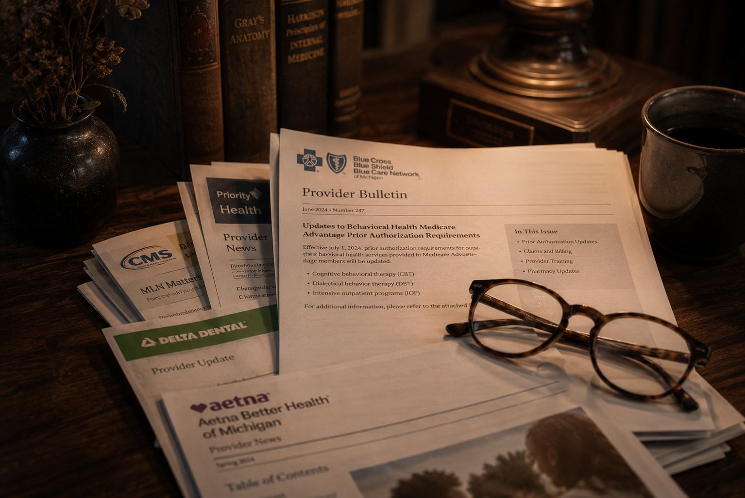 Payer provider bulletins and enrollment paperwork stacked on a desk by lamplight