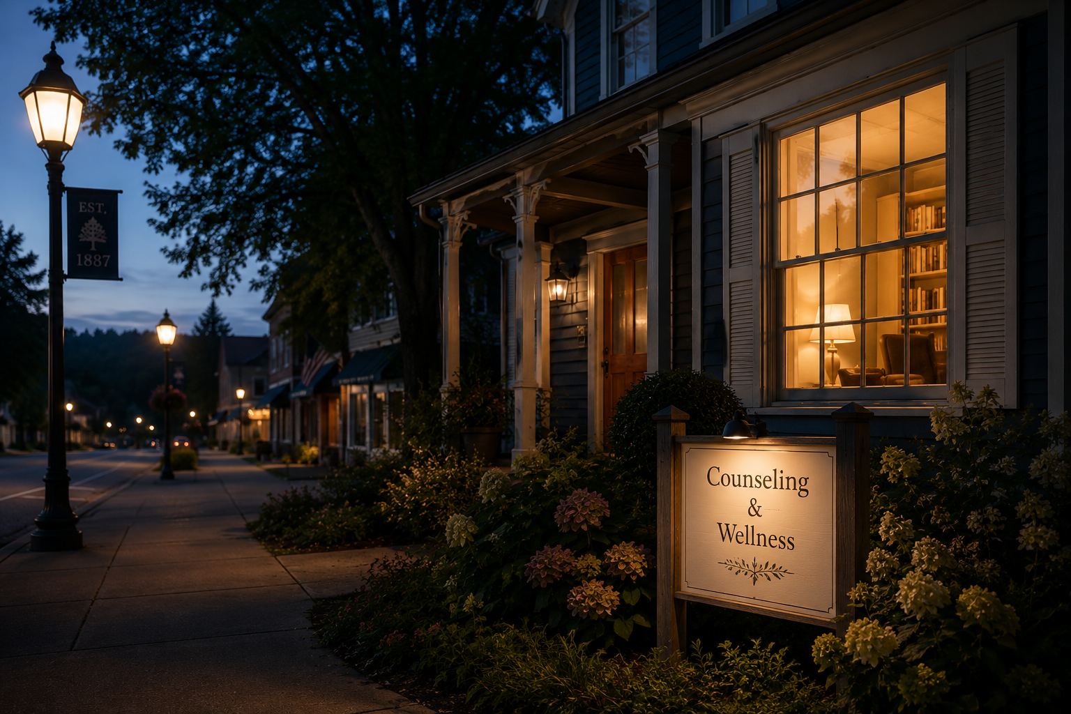 A small-town counseling practice at dusk, lamp lit in the window
