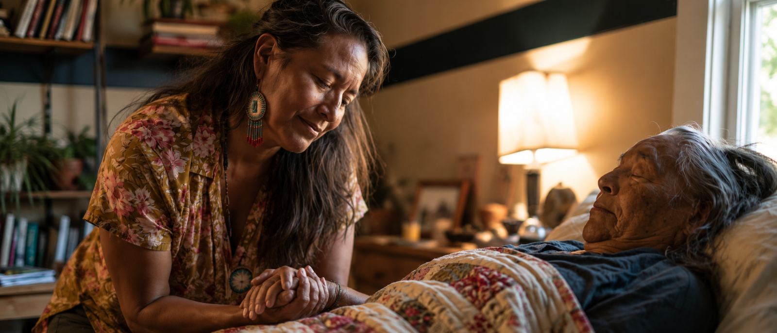 A spiritual care advisor holding the hand of an elderly person at their bedside, lamplight