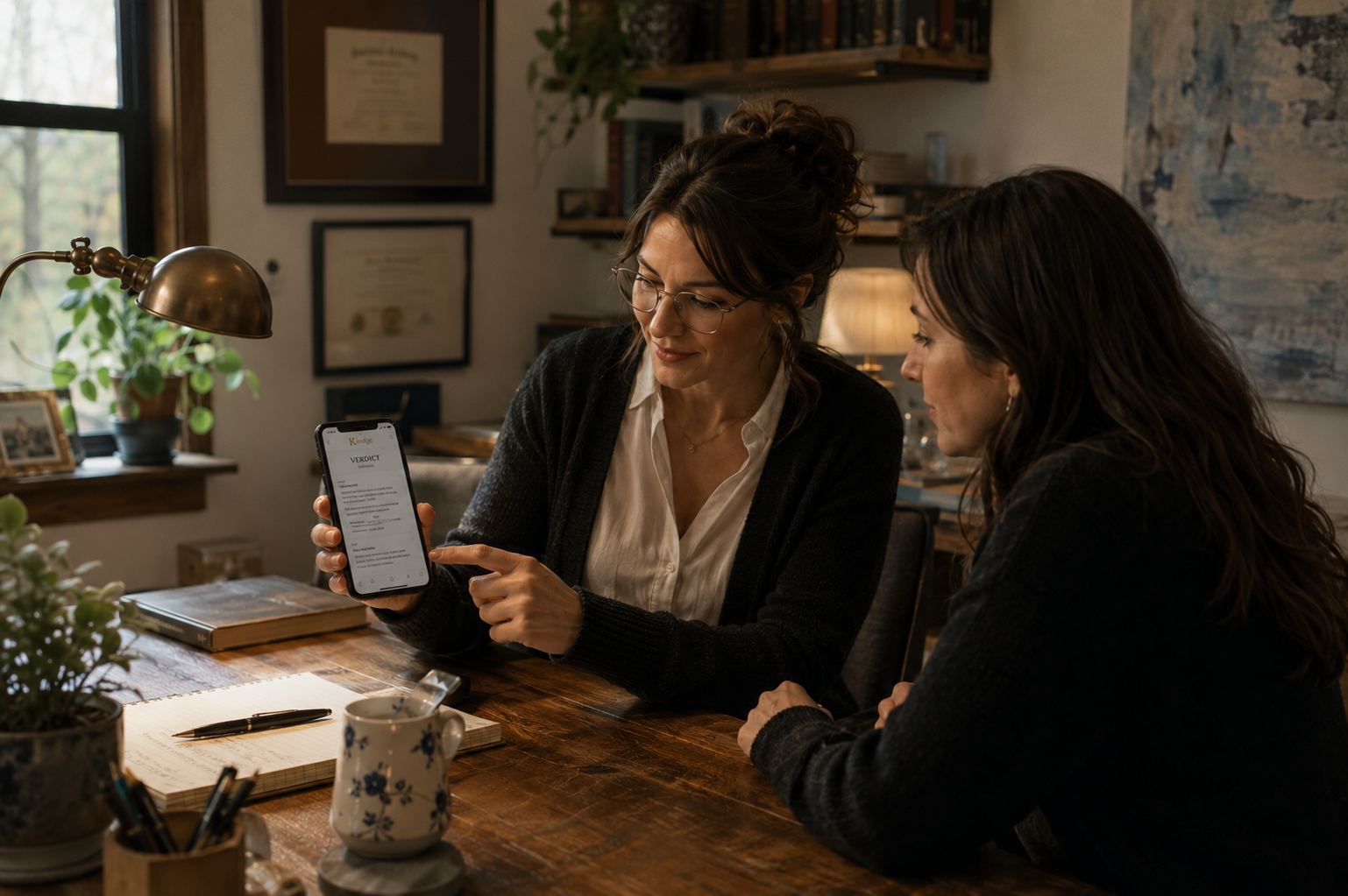 A therapist showing a Kedge verdict on her phone to the practice administrator